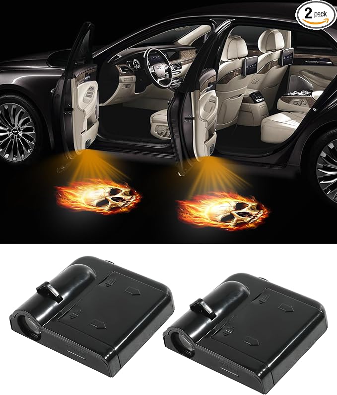 2Pcs Car Door LED Logo Projector Lights, Universal Holeless Magnet Sensor Ghost Shadow Welcome Lamp (Fire Skull)