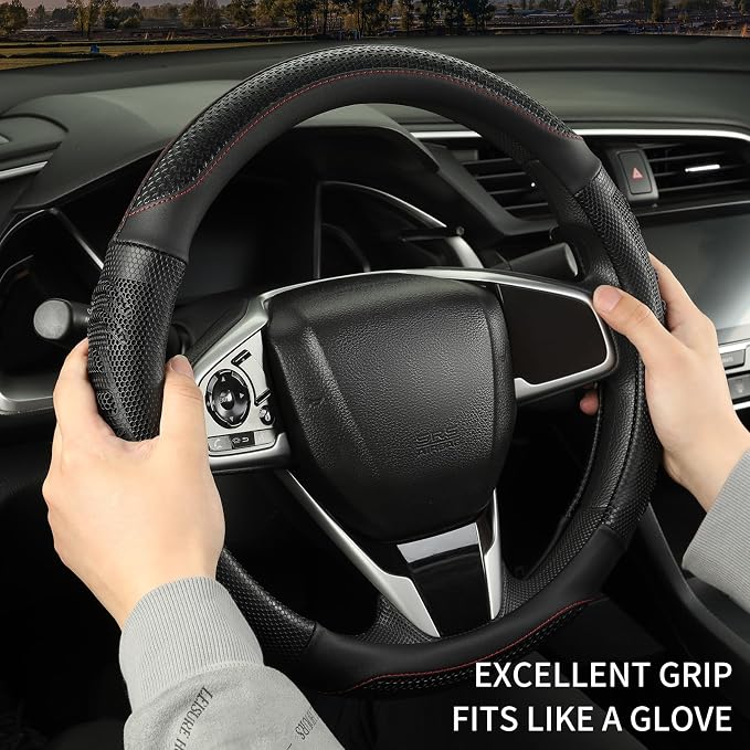 D Shaped Steering Wheel Cover Great Grip with 3D Honeycomb Hole | Anti-Slip Silicone Heavy-duty Microfiber Leather Sporty Design, Universal 14.5 inch - 15 inch, All Black