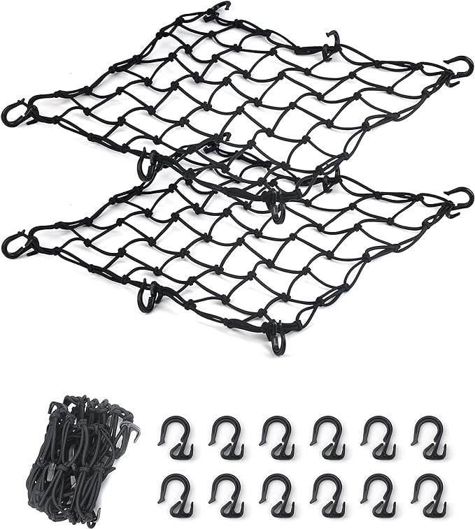 2 Pack Black Cargo Nets, Heavy Duty Latex 17"X17" Bungee Net Stretches to 34"x34", Gear Helmet Luggage Net with Tight 2.3"x2.3" Mesh & 12 Adjustable Plastic Hooks for Motorcycle, Bike, ATV