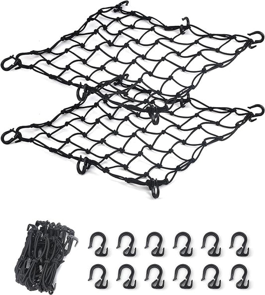 2 Pack Black Cargo Nets, Heavy Duty Latex 17"X17" Bungee Net Stretches to 34"x34", Gear Helmet Luggage Net with Tight 2.3"x2.3" Mesh & 12 Adjustable Plastic Hooks for Motorcycle, Bike, ATV
