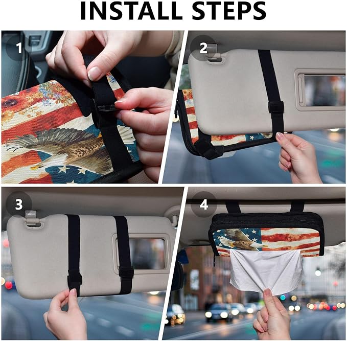 Car Visor Tissue Holder Mask Holder for Car, Car Tissue Box Sun Visor Napkin Holder Car Visor Accessories Adjustable Straps Reusable Durable Easy to Install Patriotic Eagles Poppy Wildflowers