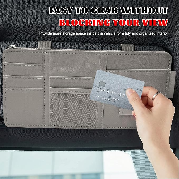 Car Sun Visor Organizer, Multifunctional Auto Visor Storage Bag with Net Pocket & Eyeglass Clamp, Waterproof Multi-Pocket Storage Pouch Ticket Organizer for Car Sun Visors (Gray)