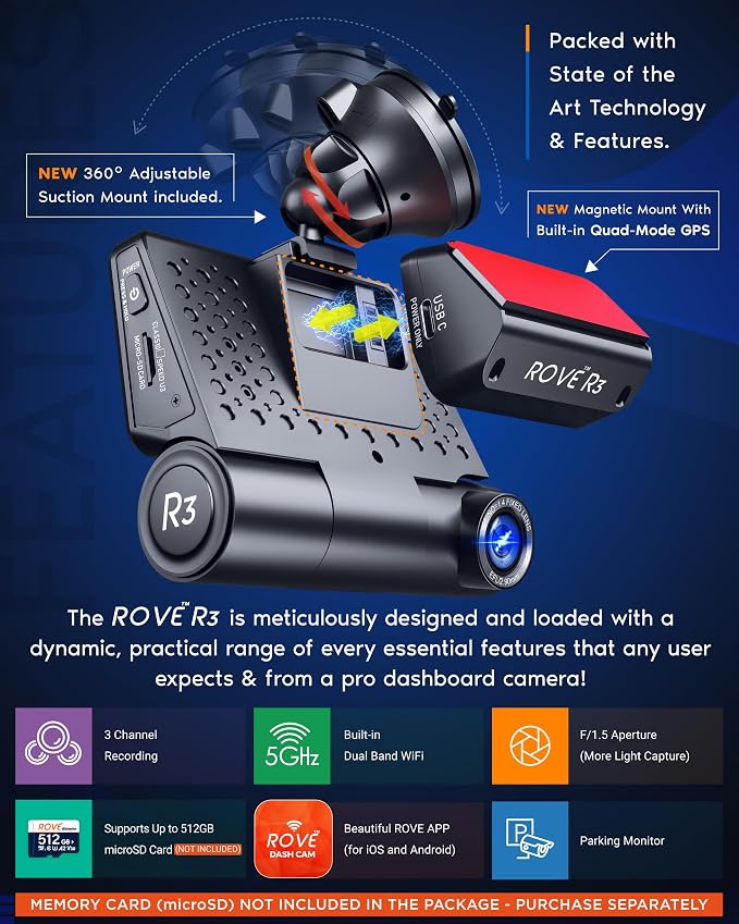 ROVE R3 Dash Cam Front and Rear with Cabin, 3” IPS Touch Screen, 3 Channel Dash Cam 1440P+1080P+1080P, IR Night Vision, 5GHz WiFi, Up to 30MB/s Download Speed, Quad-Mode GPS, Supports 512GB Max