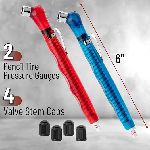 UNCO- Pencil Tire Pressure Gauge, 2 Pack Blue & Red, 10-75 PSI