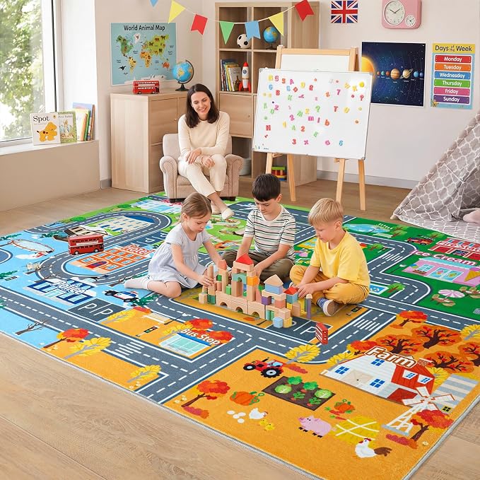 Car Rug Play Mat for Kids Toy Cars, 8' x 10' City Road Town Track Four Seasons Traffic Carpet, Non-Slip Washable Area Rug for Kids Room Bedroom Classroom Play Area, Fun Learning Carpet for Children