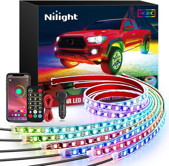 Nilight 6Pcs Car Underglow Neon Accent Strip Lights 300 LEDs Multi Color RGB-IC DIY Sound Active Function Music Mode with APP Control and Remote Control Underbody Light Strip
