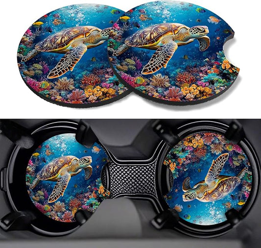 Car Cup Coasters,2 Pack Car Coaster,2.75inch Anti Slip and Absorbent Cars Coasters for Cup Holders,Neopren Accessories for Women,Cute Decor for Women (Sea Turtle)