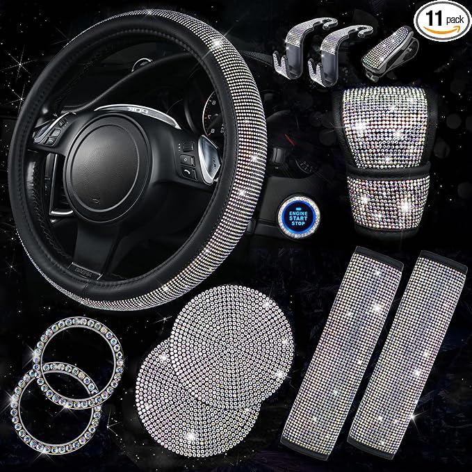 CAR PASS 11 PCS Bling Diamond Car Accessories for Women, Sparkly Rhinestone Steering Wheel Cover Bling Seat Belt Cushion, Glitter Shift Knob Cover Car Cup Holder Coaster, Cute Interior Sets Multicolor