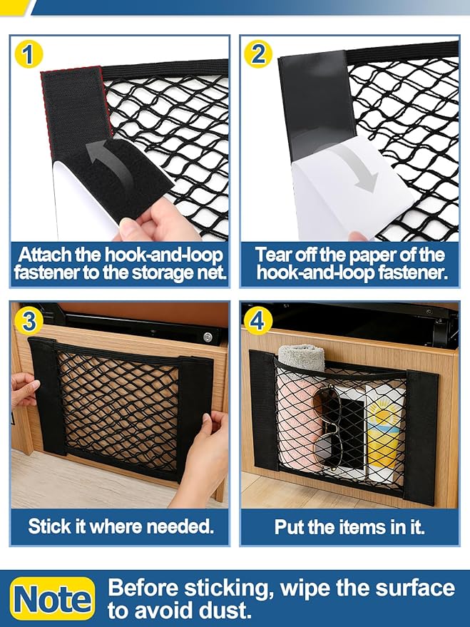 Bigmeta 4PCS RV Cargo Storage Mesh Net, Elastic Stretchable Netting Pocket with 8 Adhesive Strip Wall Sticker for SUV, Truck(15.4 x 9.4 Inch)