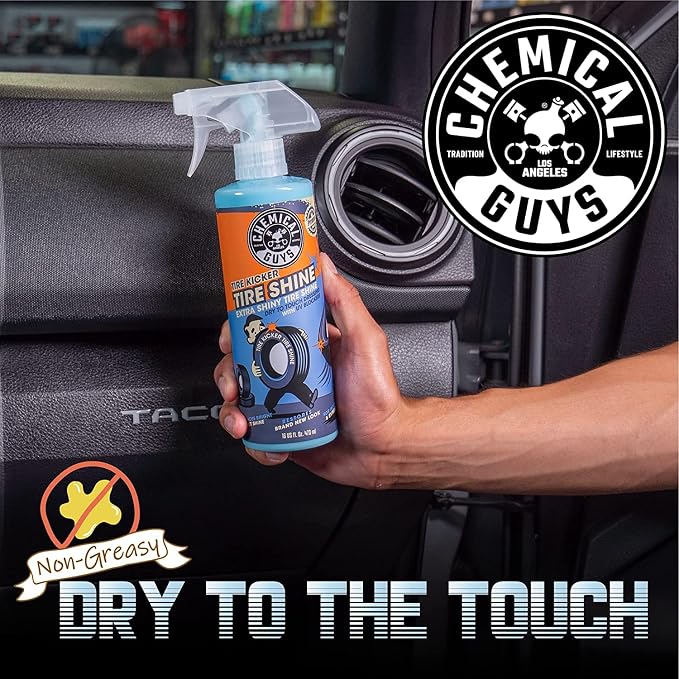 Chemical Guys Tire Kicker Sprayable Extra Glossy Tire Shine, 16 Fl Oz | With Wonder Wave applicator for cars, trucks, and SUVs, sprayable water-based tire dressing and applicator kit