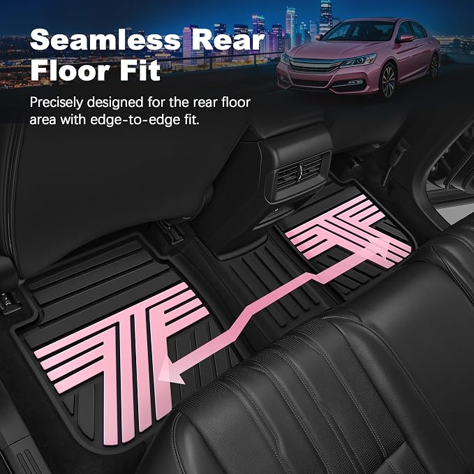 Floor Mats Fit for Honda Accord Sedan 2017 2016 2015 2014 2013, All Weather Rubber Custom Fit Anti-Slip Car Floor Liner, 1st & 2nd Row, Black & Pink (Not for Coupe)