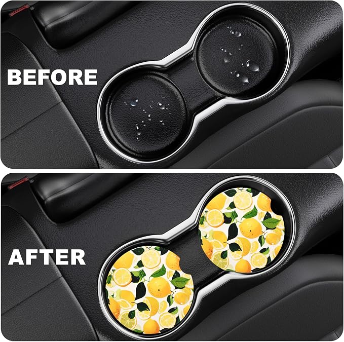 2 Pack Car Cup Holder Coaster, 2.63 inch Anti Slip Insert Absorbent Ceramic Car Coaster with Cork Base and Finger Notch, Cute Car Accessories Interior for Women, Cute Car Coasters.