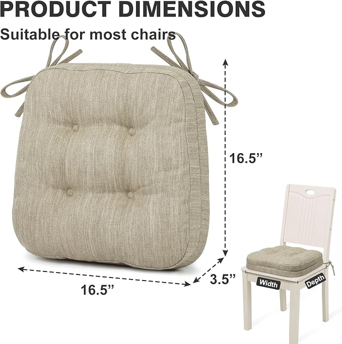 Shinnwa Dining Chair Cushions Set of 2, Dual-Layer Memory Foam Kitchen Chair Cushions, Patented Design Seat Pads with Ties, 16.5 x 16.5 x 3.5in, 2 Pack, Beige