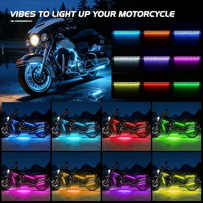 Nilight 8PCS Motorcycle RGB Led Light Kit Waterproof Multi Color Atmosphere Neon Accent APP and Remote Control Underbody Strips for Harley Davidson Honda Kawasaki Suzuki
