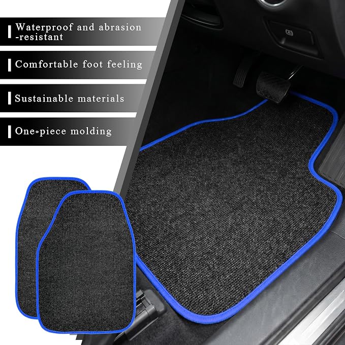 4PCS Car Floor Mats, Anti-Slip Waterproof Car Carpets with Safety Heel Pad, Heavy Duty Floor Mat for All Weather Protection, Universal Trim to Fit for Sedans Trucks SUVs (Black & Blue)