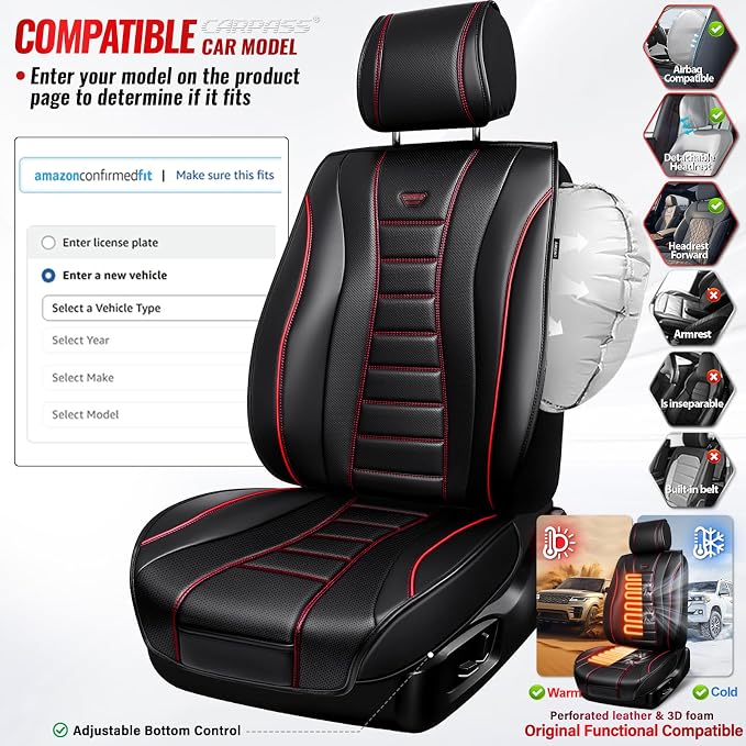 CAR PASS Nappa Leather Car Seat Covers Front Seats 3D Foam 2Pcs Black Red | Luxury Waterproof Universal FIT Piping Leather Car seat Cover Front Seats, 3D Foam Breath Perforated leather seat covers