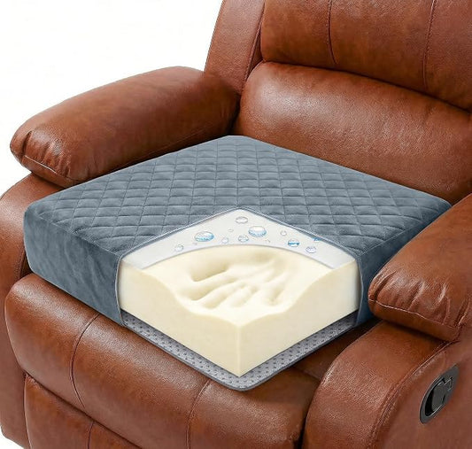 Soft 20x20x5 Memory Foam Recliner Chair Seat Cushion for Long Sitting - Armchair Pad with Washable Velvety Cover & Non-Slip Base for Seniors & Elderly - Gray