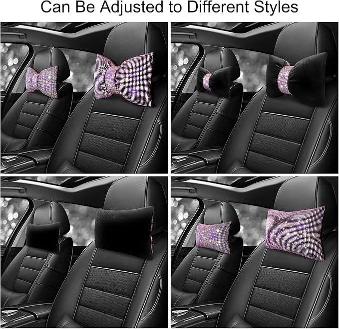 surpassme 2PCS Rhinestone Car Headrest Neck Pillow for Driving with Bling Bling Crystal Bow Pillow Car Accessories for Women (Pink)