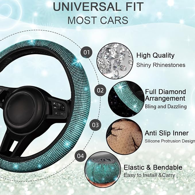 NBTEPEM 30 Pcs Aquamarine Bling Car Accessories Set for Women, Steering Wheel Cover Set, Bling Console Cover, Seat Belt Cushion, Shift Knob Cushion, Cup Coaster, Rhinestone Car Hanging Accessories