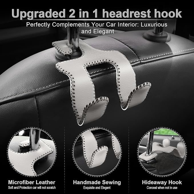 LivTee Upgraded Superior Leather Car Seat Back Headrest Hook, 2 in 1 Auto Seat Hook Hangers Holder Organization Interior Accessories for Purses Coats Umbrellas Grocery Bags Handbag (Gray)