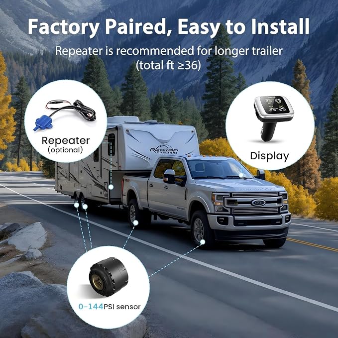 Tymate TM7 Tire Pressure Monitoring System, Wireless TPMS with 4 External Sensors & 6 Alarm Modes, Colorful Display, Real-time Tire Pressure Monitor System, Ideal for RV SUV MPV Truck Sedan(0-144 PSI)