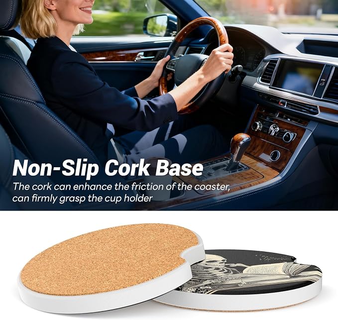 Car Cup Holder Ceramic Coasters 2 Pack, 2.56 in Anti Slip Absorbent Coaster with Cork Base and Finger Notch, Funny Cute Car Accessories Interior for Women, Skeleton Man