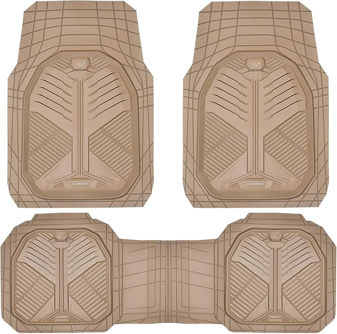 CAR PASS Heavy Duty Rubber Car Mats, Deep Dish Car Floor Mats Full Set, Universal All Weather Automotive Mats 3 Pieces Trim to Fit for Sedans SUVs Trucks, Waterproof Anti-Slip Floor Mats, Full Beige