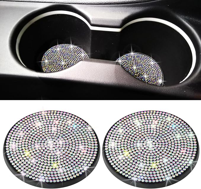BFXM 2 PCS Bling Cup Holder Coaster, Car Accessories for Women 2.75 inch Diamond Universal Non-Slip Silicone Cup Holder Coasters, Sparkly Bling (Colorful)