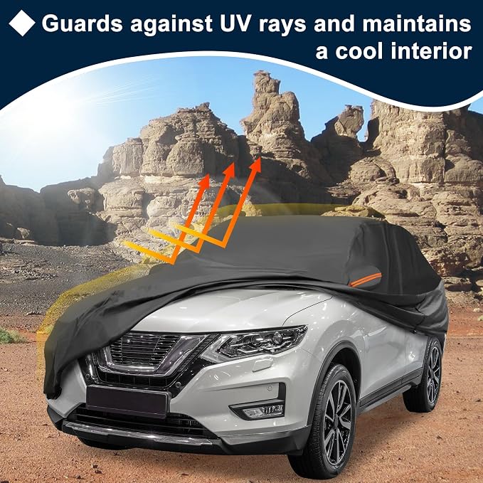 Black Heavy Duty Waterproof Car Cover for SUV 182"-190" - All-Weather UV Protected Outdoor Full Exterior Cover with Sun/Snow/Rain Resistance