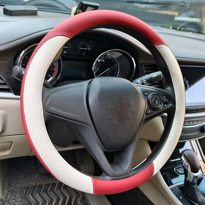 Breathable Perforated Leather Steering Wheel Cover, Universal 15-inch car Steering Wheel Grip, Soft and Comfortable, Breathable and Non-Slip, Suitable for sedans, Vans, SUVs (Wine red)