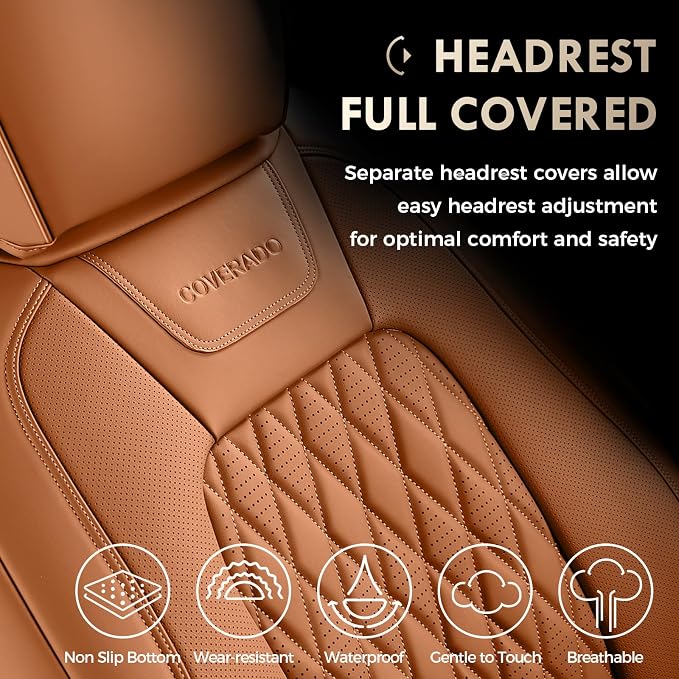 Coverado Premium Leather Full Set Seat Covers Waterproof Heavy-Duty Protectors Custom Fit for Ford F150 (2015-2026) F250/F350/F450 (2017-2026)-Orange, Stain-Resistant