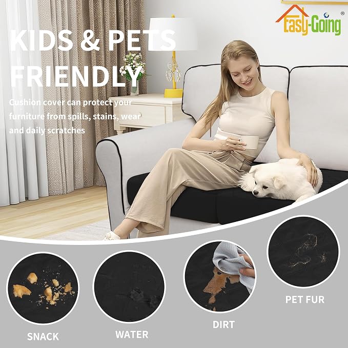 Easy-Going Waterproof Couch Cushion Covers, Non-Slip Leakproof Sofa Seat Cushion Slipcovers, Quilted and Stretch Furniture Protector for Dogs, Pets (3-Piece Sofa Cushion, Black)