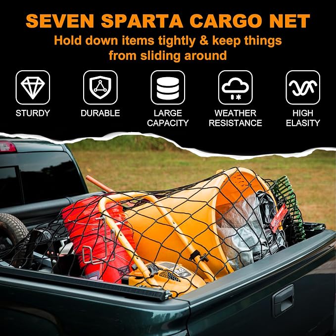 Seven Sparta Large Cargo Net for Truck Bed 5'x 7' Stretches to 10' x 14' | Latex, Large Size, With 16 D Clip Carabiners, For Truck Bed/Pickup Bed/Trailer/Trunk/SUV/Roof Racks/Pool Floats/Lorry/Storage