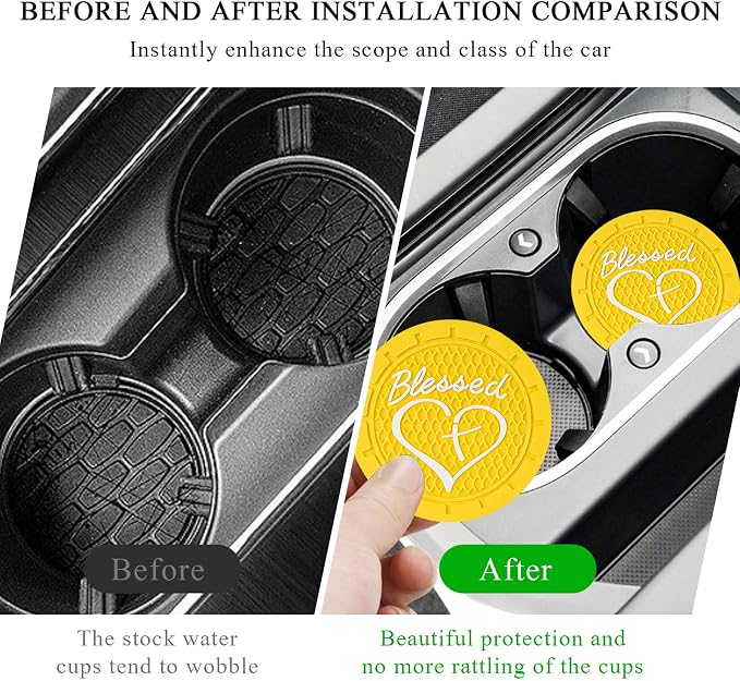 KVAEY 2 PCS Car Cup Holder Coasters, 2.76 Inch Anti Slip Vehicle Drink Mats with Cute Blessed Cross and Heart, Shockproof, Universal Car Accessories (Yellow, 2 PCS)
