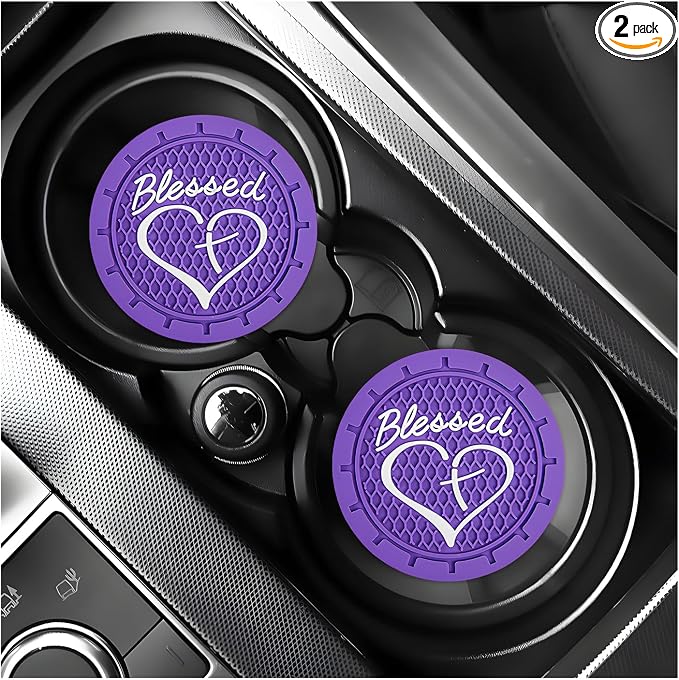 KVAEY 2 PCS Car Cup Holder Coasters, 2.76 Inch Anti Slip Vehicle Drink Mats with Cute Blessed Cross and Heart, Shockproof, Universal Car Accessories (Purple, 2 PCS)