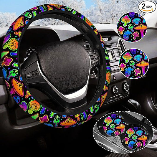 Mushroom Steering Wheel Cover Anti-Slip Universal for 14.5-15 Inch Car Steering Wheel Cover with 2 Pieces Car Coasters Suitable for Men Women