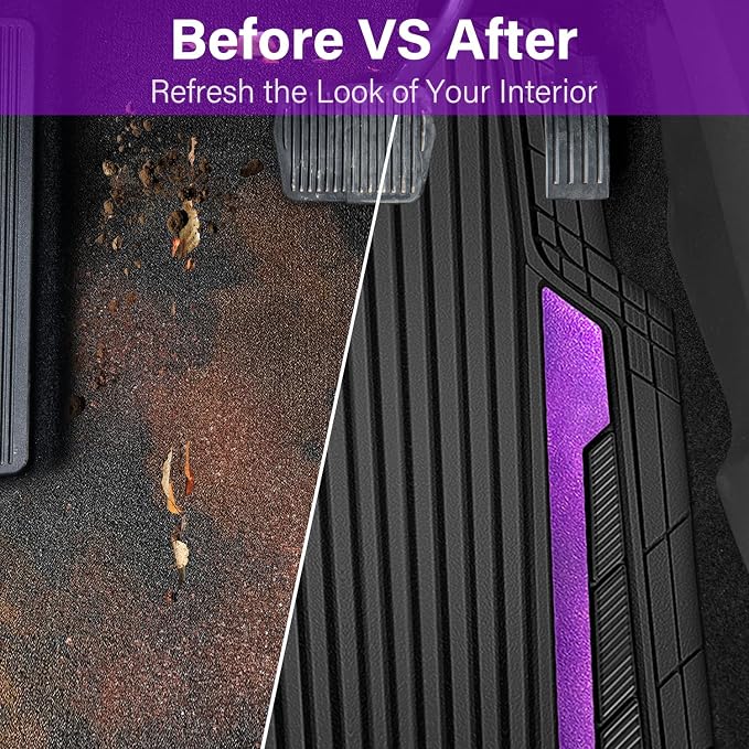 CAR PASS Heavy Duty Rubber Car Mats Metallic,Aluminum Film All Weather Floor Mats Waterproof Universal Trim to Fit SUVs Sedans Vans 4 Piece Anodized Deep Dish Two-Tone Sporty Black Purple Chrome