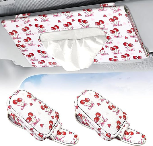 1Pcs Car Tissue Holder and 2 Pcs Sunglass Holder for Car,Magnetic Leather Sunglasses Holder Car Sun Visor Glasses Hanger Clip,Car Interior Accessories for Women(White Cherry)
