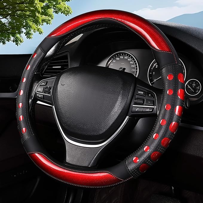Hiseanllo Car Steering Wheel Cover, 14.5-15 Inch Universal Fit, Sporty Anti-Slip Leather Steering Wheel Protector with Glossy Color Accent, Comfortable Grip for Cars, SUVs, Trucks(Red)
