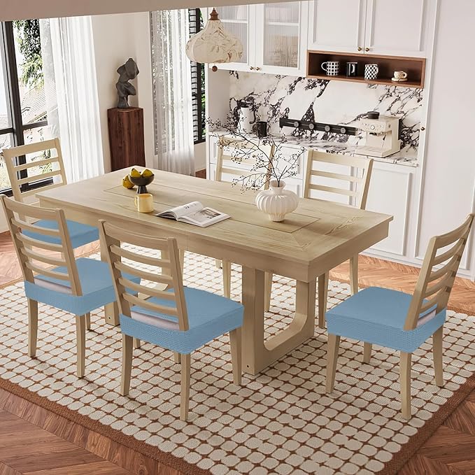 Smiry Waterproof Seat Covers for Dining Room Chairs Set of 4, Stretch Jacquard Removable Washable Chair Seat Slipcovers Protector, No Rear Covers, Airy Blue