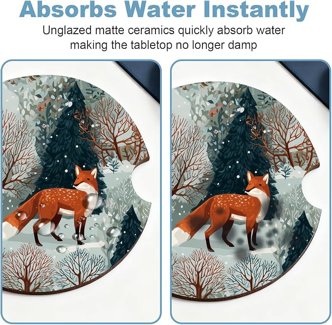Car Cup Holder Coaster Set of 2, 2.56 in Ceramic Coasters, Scratch-Resistant Cork Backing, Finger Groove Design for Easy Placement, Cute Car Accessories Interior for Women (Snow Fox)