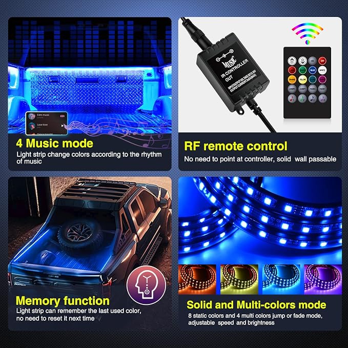 Nilight 3PCS 60 Inch RGB Truck Bed Light Strip Kit 270 LED Neon Accent LED with RF Remote On Off Switch Splitter Extension Cable for Cargo Pickup Truck Camper RV SUV Boat