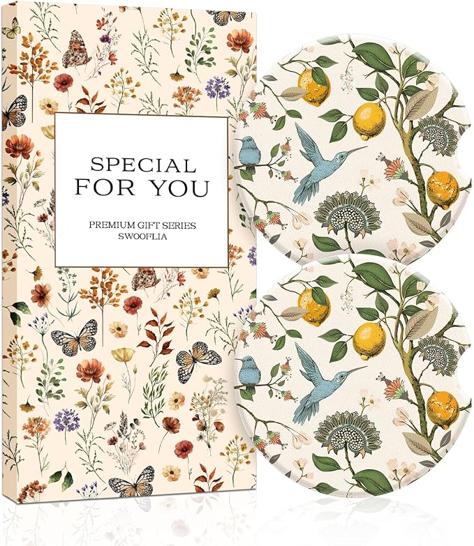 Swooflia Floral Absorbent Ceramic Car Coasters Set of 2, Cute Botanical Wildflower Cup Holder Coasters for Car, Lemon Flower Hummingbird Car Accessories for Women, Unique Gifts for Mom, Teachers