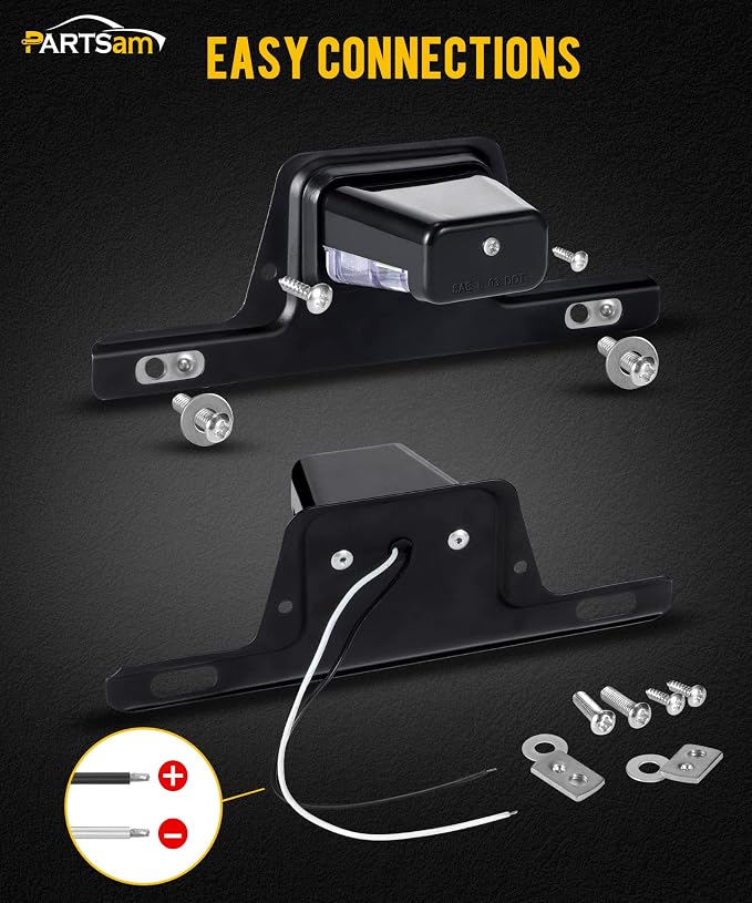 Partsam LED License Plate Light Waterproof 12V DC License Tag Light with Holder Drainage Hole Steel Bracket Mount ABS Housing PC Lens for Trailer Truck Pickup UTV ATV RV Boat 12V DOT Compliant