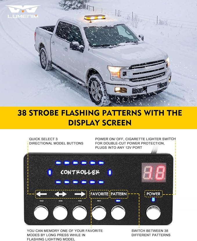 LUMENIX 42 LED Roof Top Strobe Beacon Light Bar Hazard Warning Emergency Flashing Plow Lights with Controller for Construction Vehicles Tow Trucks Postal Cars Snowplow Amber White (Patent Design)