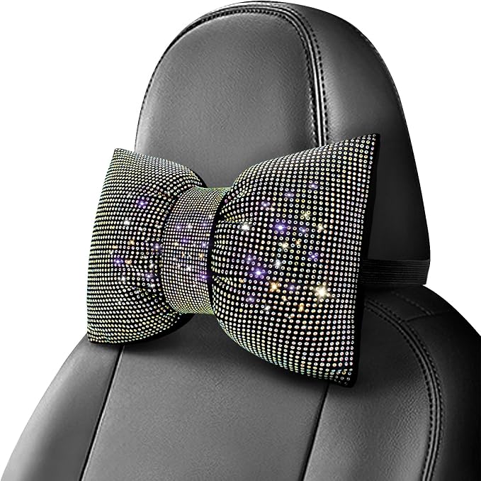 surpassme 2PCS Rhinestone Car Headrest Neck Pillow for Driving with Bling Bling Crystal Bow Pillow Car Accessories for Women (Color)
