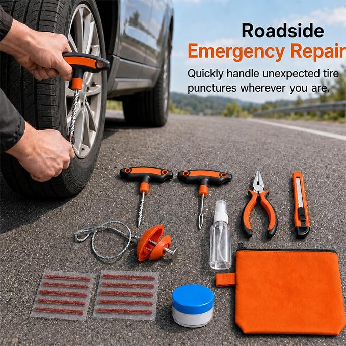 Flat Tire Repair Kit with Plugs 18 Pcs,Heavy Duty Sidewall Tire Repair Patch Tool Kit for Car,Motorcycle,ATV,UTV,SXS,Truck,Tractor,Parches para Llantas De Carro