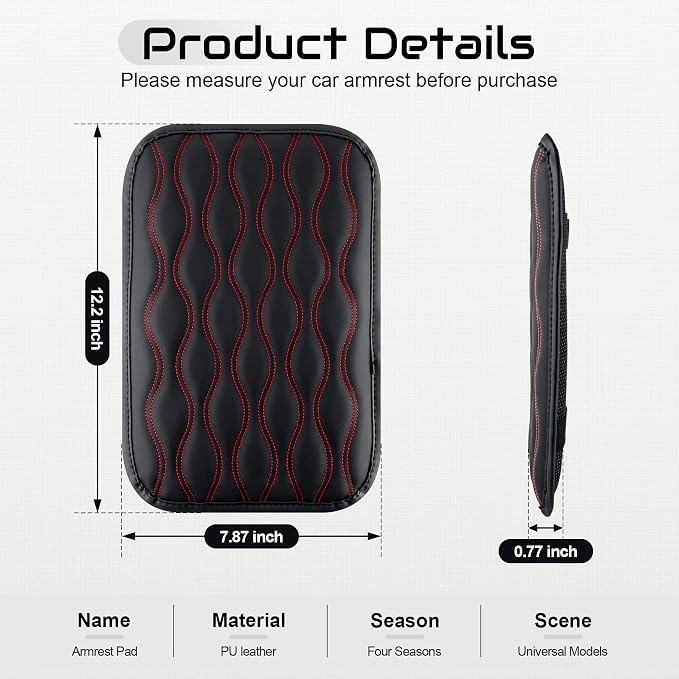 Amiss Car Center Console Cover, Upgraded Leather Car Armrest Cushion, Universal Waterproof Cushion Pad, Non-Slip Car Interior Accessories, Fits Most Sedans SUVs Trucks (Red Line)