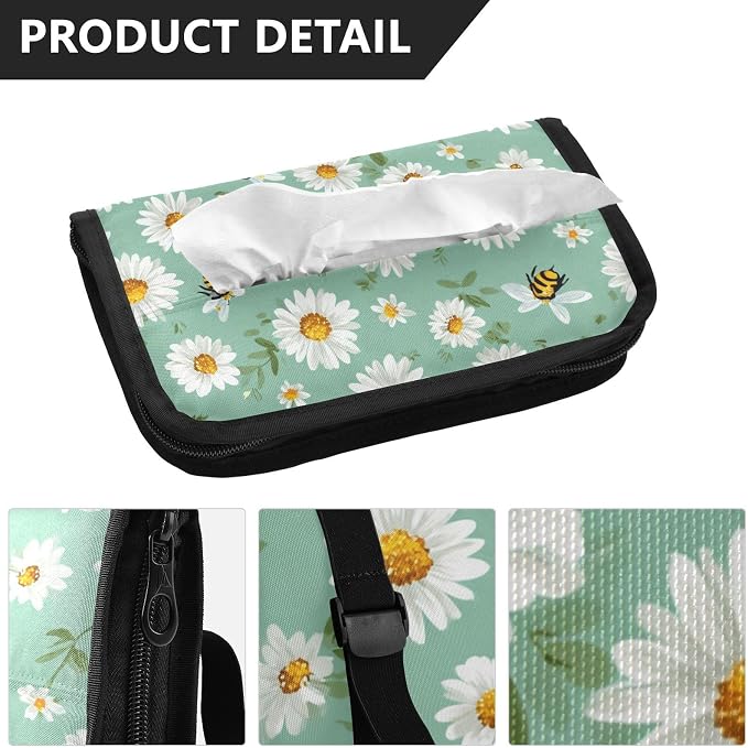 Mint Green Daisy Flowers and Bees Car Tissue Holder Durable Napkin Holder Hanging Tissue Holders Case Car Tissues Bag for Sun Visor Seat Back Universal Auto