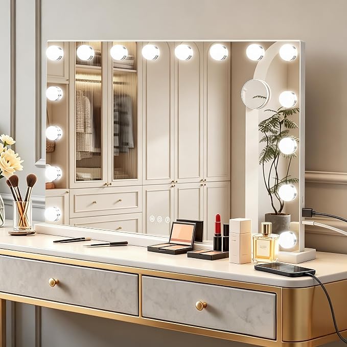 Ratsamee 26" x 20" Hollywood Vanity Mirror with Lights, 16 Dimmable Bulbs, 3 Color Lights,Make Up Lighted Mirror, Aluminum Metal Frame, USB Charging Port